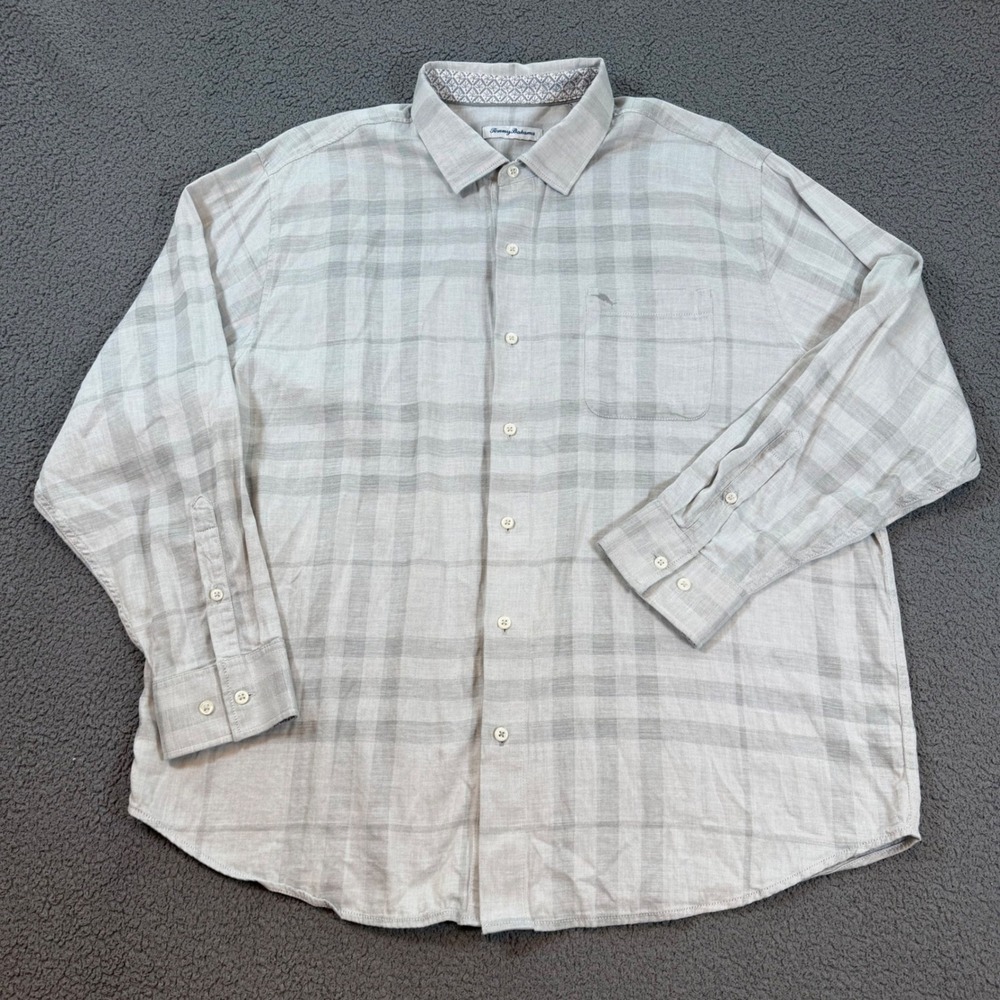Tommy Bahama Mens Grey Plaid Long Sleeve Button Down Shirt 1XLB Cotton Blend
